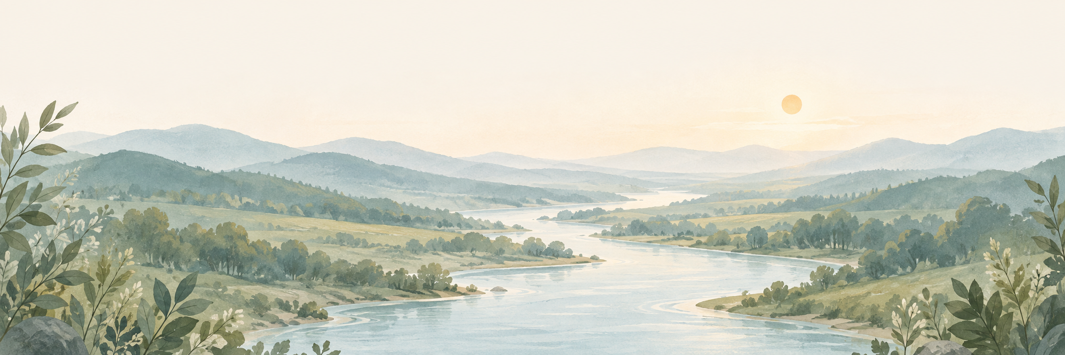 Ilustração de um rio seguindo entre montanhas até o horizonte