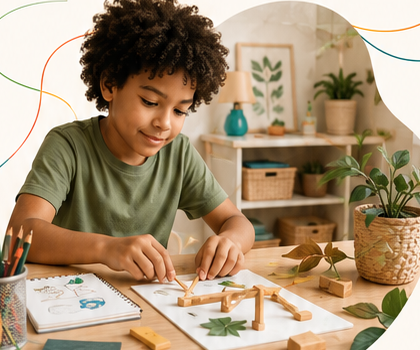 Criança investigando e construindo um projeto com materiais naturais